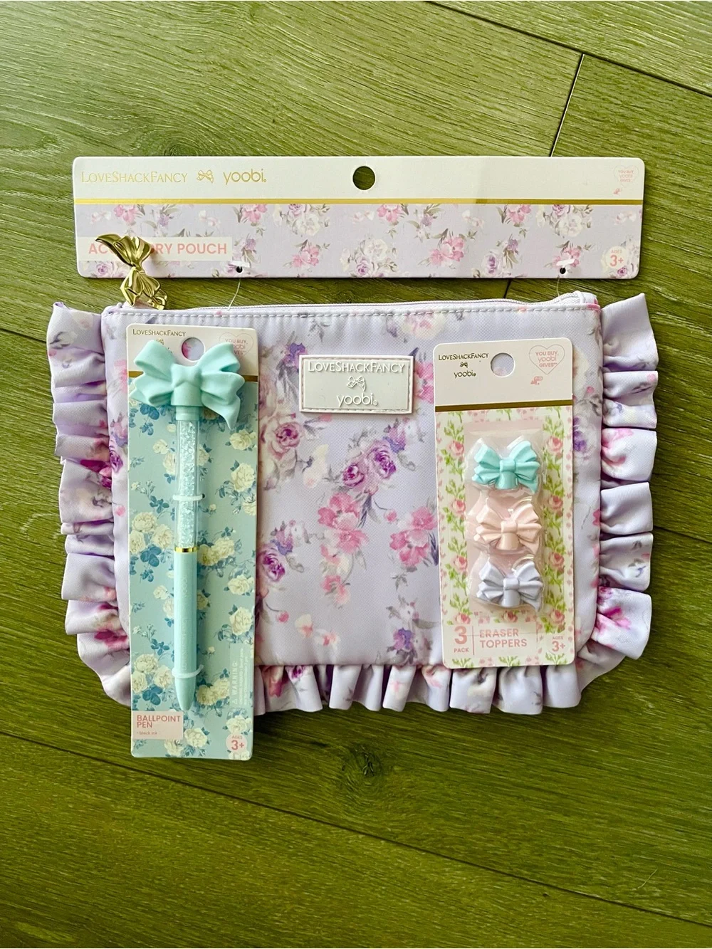 NWT Target x LoveShackFancy Girls Floral Ruffle Pouch, Pen and Eraser Bundle
